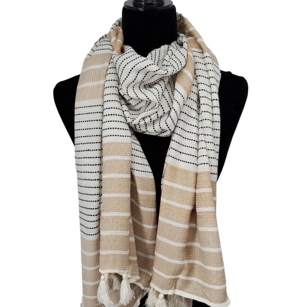 Womens Shawl Scarf Beige White Stripe with Tassel Fringe Soft Lightweight 26x76"